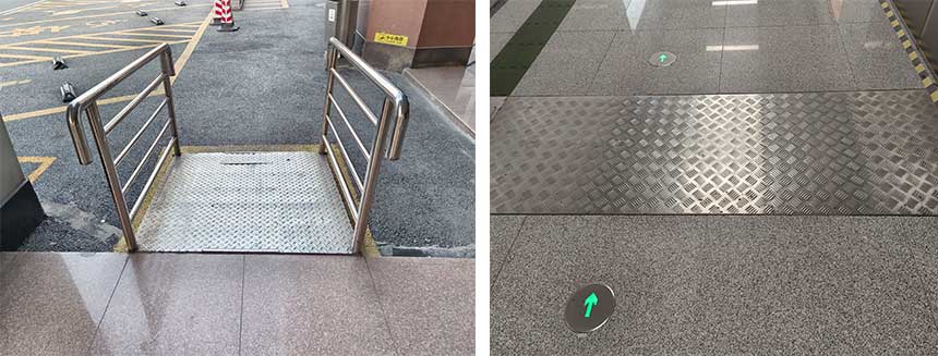 Embossed stainless steel flooring showing slip resistance